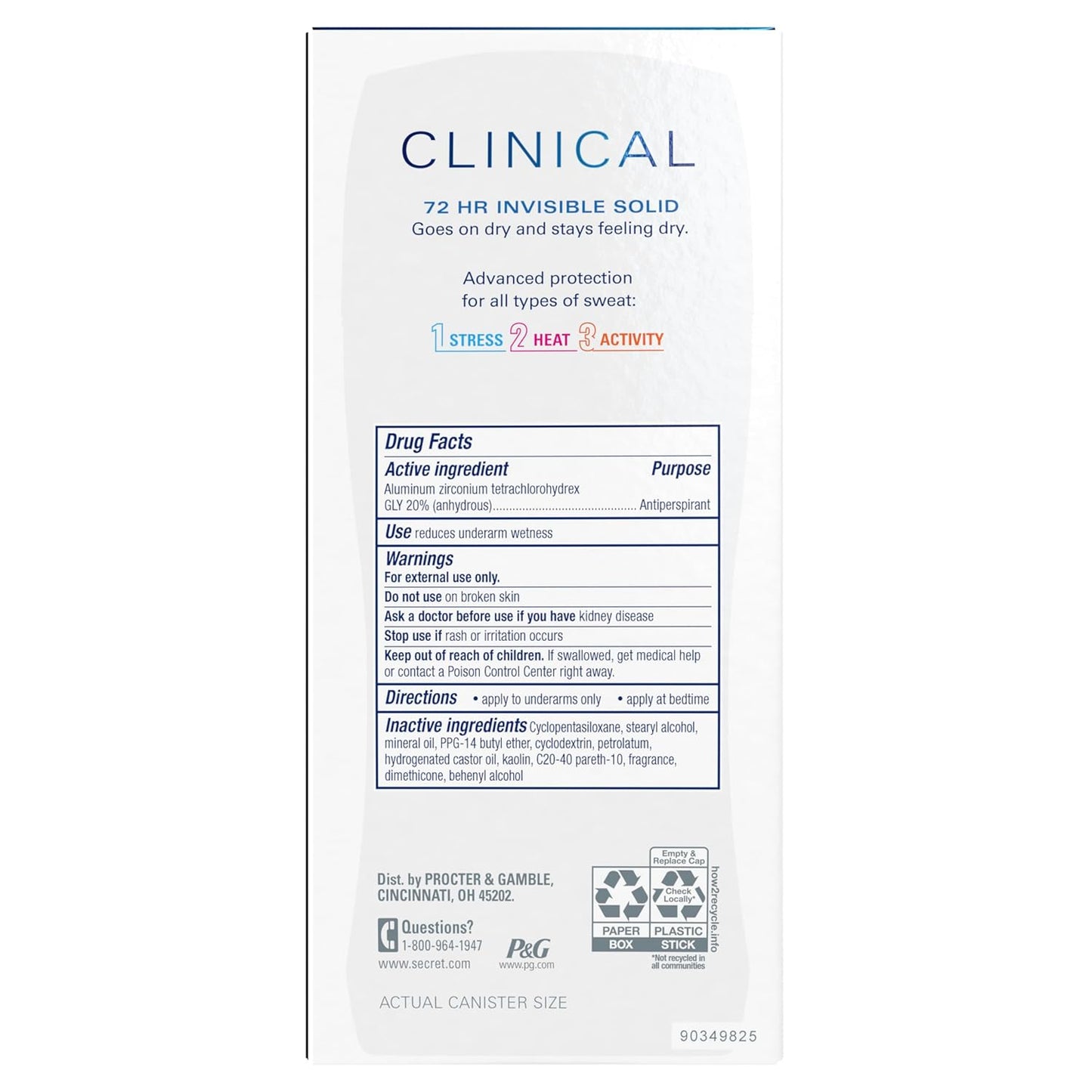 Clinical Strength Antiperspirant Deodorant for Women, 100Hr Sweat & Odor Protection, 3X Stress Protection with Hyaluronic Acid, PH Balanced, Invisible Solid, Completely Clean Scent, 2.6 Oz