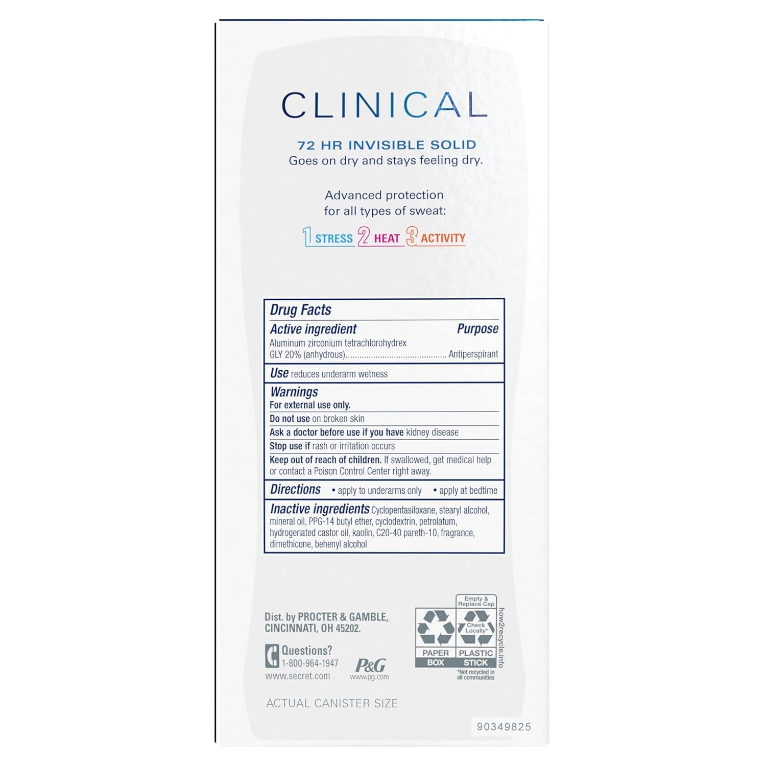Clinical Strength Antiperspirant Deodorant for Women, 100Hr Sweat & Odor Protection, 3X Stress Protection with Hyaluronic Acid, PH Balanced, Invisible Solid, Completely Clean Scent, 2.6 Oz