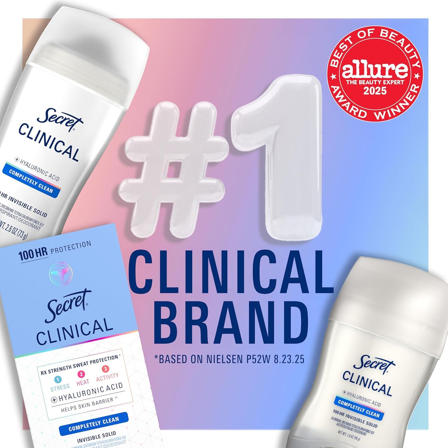 Clinical Strength Antiperspirant Deodorant for Women, 100Hr Sweat & Odor Protection, 3X Stress Protection with Hyaluronic Acid, PH Balanced, Invisible Solid, Completely Clean Scent, 2.6 Oz