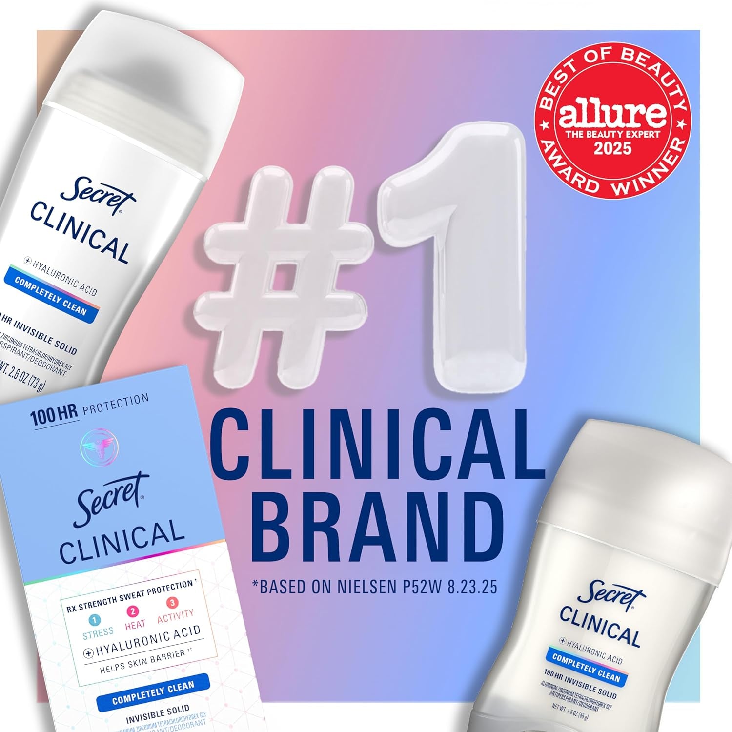 Clinical Strength Antiperspirant Deodorant for Women, 100Hr Sweat & Odor Protection, 3X Stress Protection with Hyaluronic Acid, PH Balanced, Invisible Solid, Completely Clean Scent, 2.6 Oz