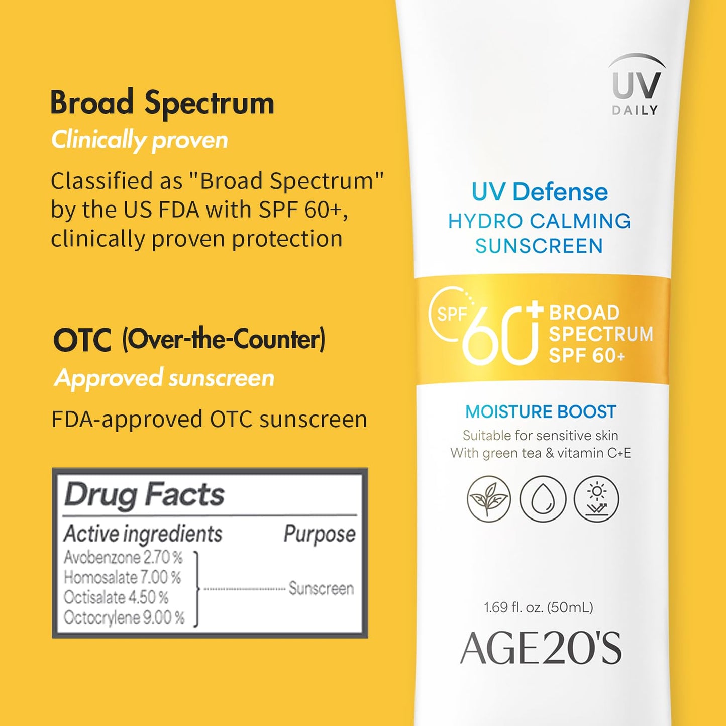 UV Defense Hydro Calming Sunscreen SPF 60+ | Korean Sunscreen | Moisturizing Creamy Formula, No White Cast, Lightweight Finish | Green Tea + Aloe Vera | Dermatest Excellent | 1.69 Fl.Oz*1