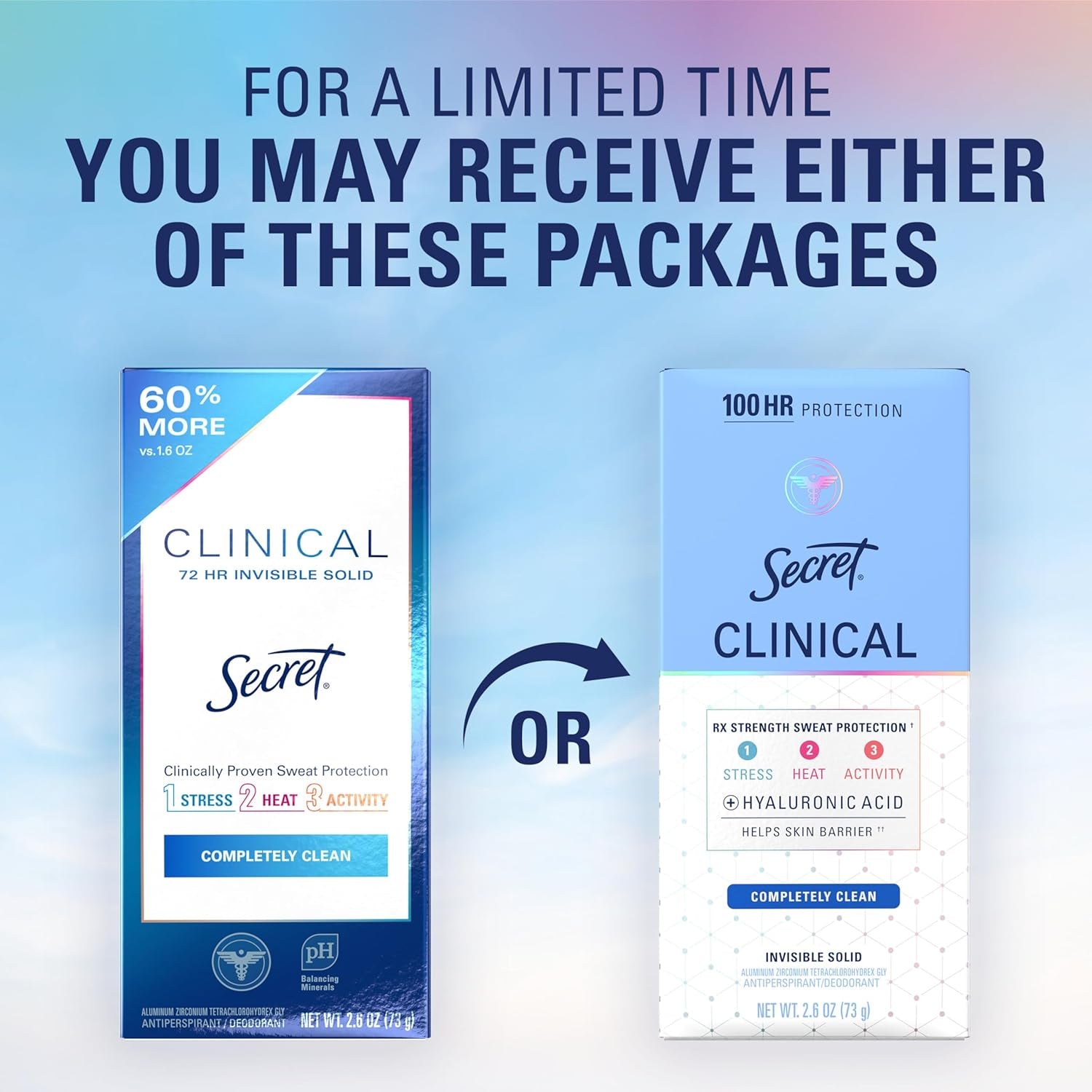 Clinical Strength Antiperspirant Deodorant for Women, 100Hr Sweat & Odor Protection, 3X Stress Protection with Hyaluronic Acid, PH Balanced, Invisible Solid, Completely Clean Scent, 2.6 Oz