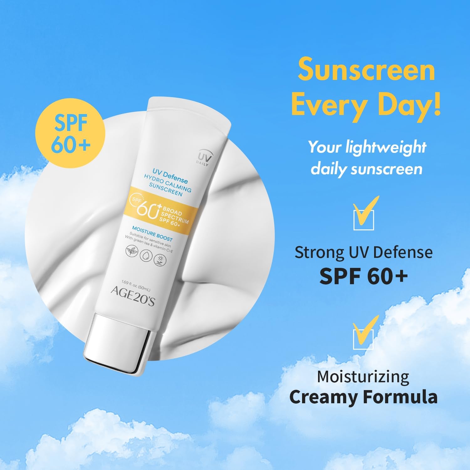 UV Defense Hydro Calming Sunscreen SPF 60+ | Korean Sunscreen | Moisturizing Creamy Formula, No White Cast, Lightweight Finish | Green Tea + Aloe Vera | Dermatest Excellent | 1.69 Fl.Oz*1