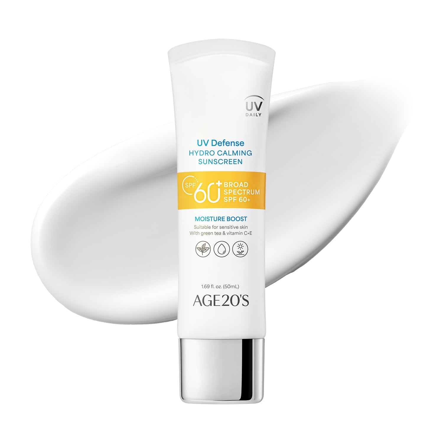 UV Defense Hydro Calming Sunscreen SPF 60+ | Korean Sunscreen | Moisturizing Creamy Formula, No White Cast, Lightweight Finish | Green Tea + Aloe Vera | Dermatest Excellent | 1.69 Fl.Oz*1