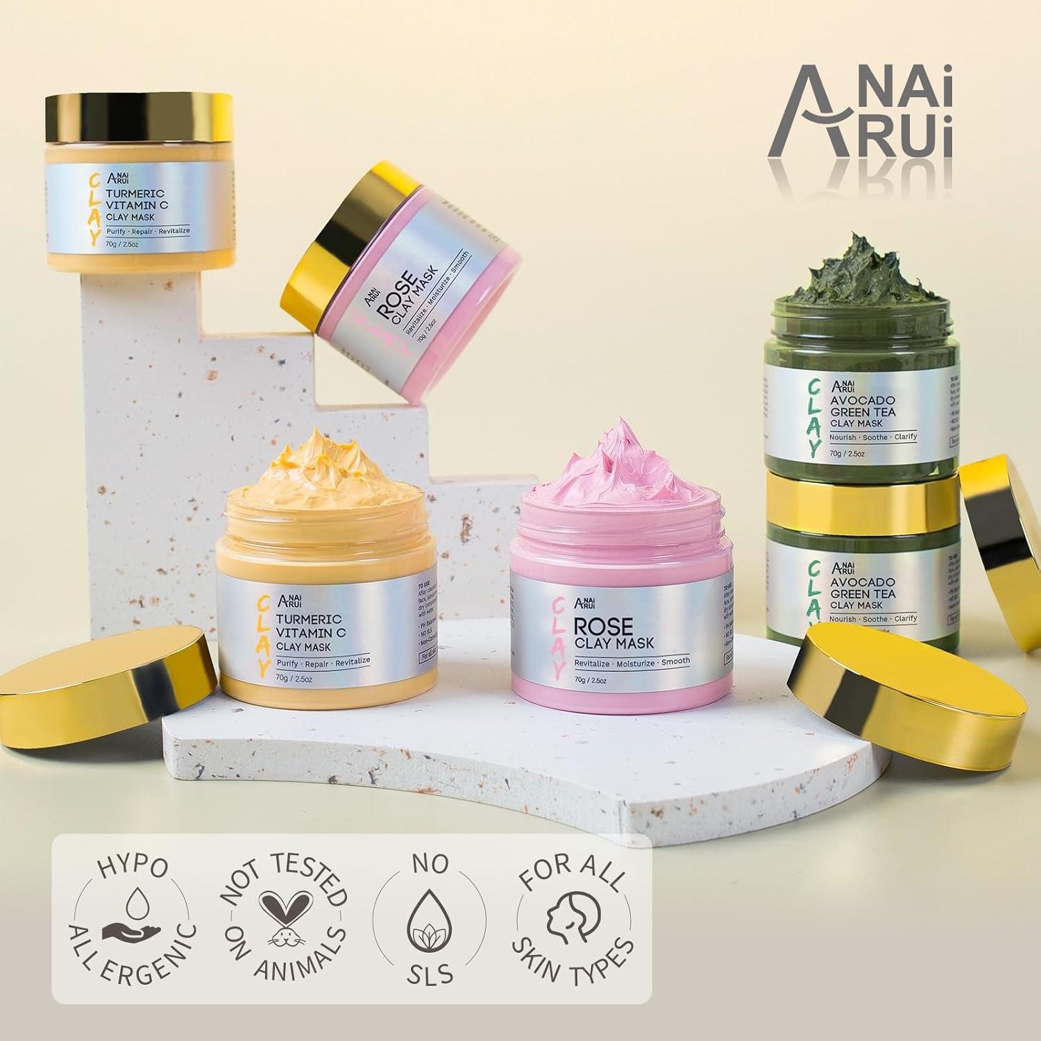 3 Pack Clay Mask Set Turmeric Vitamin C Clay Mask -Rose Facial Mask -Avocado Green Tea Mud Mask Smoothing, Hydration & Glow,Spa Gift Set, Self Care for Women Teens 2.5 Oz Each
