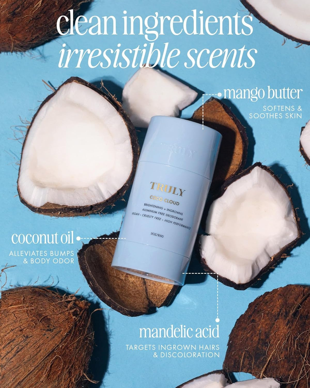 Truly Beauty Coco Cloud Deodorant | Targets Body Odor, Ingrown Hairs & Discoloration | Gentle, Aluminum-Free Deodorant | Made with Coconut Oil & Mandelic Acid | Coconut & Vanilla Scent | (3 Oz)