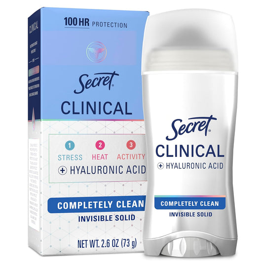 Clinical Strength Antiperspirant Deodorant for Women, 100Hr Sweat & Odor Protection, 3X Stress Protection with Hyaluronic Acid, PH Balanced, Invisible Solid, Completely Clean Scent, 2.6 Oz