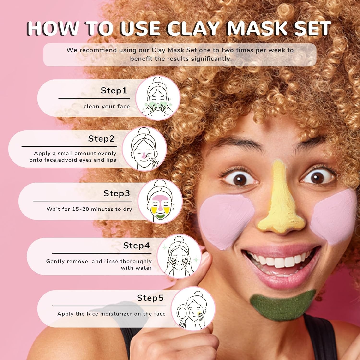 3 Pack Clay Mask Set Turmeric Vitamin C Clay Mask -Rose Facial Mask -Avocado Green Tea Mud Mask Smoothing, Hydration & Glow,Spa Gift Set, Self Care for Women Teens 2.5 Oz Each