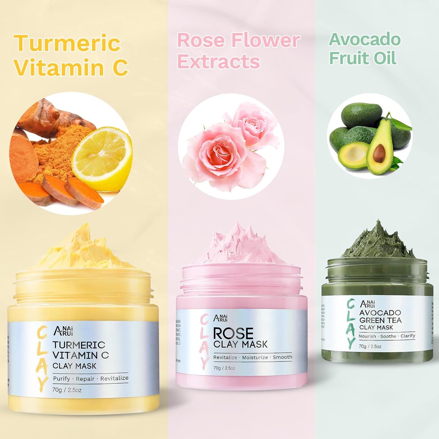 3 Pack Clay Mask Set Turmeric Vitamin C Clay Mask -Rose Facial Mask -Avocado Green Tea Mud Mask Smoothing, Hydration & Glow,Spa Gift Set, Self Care for Women Teens 2.5 Oz Each