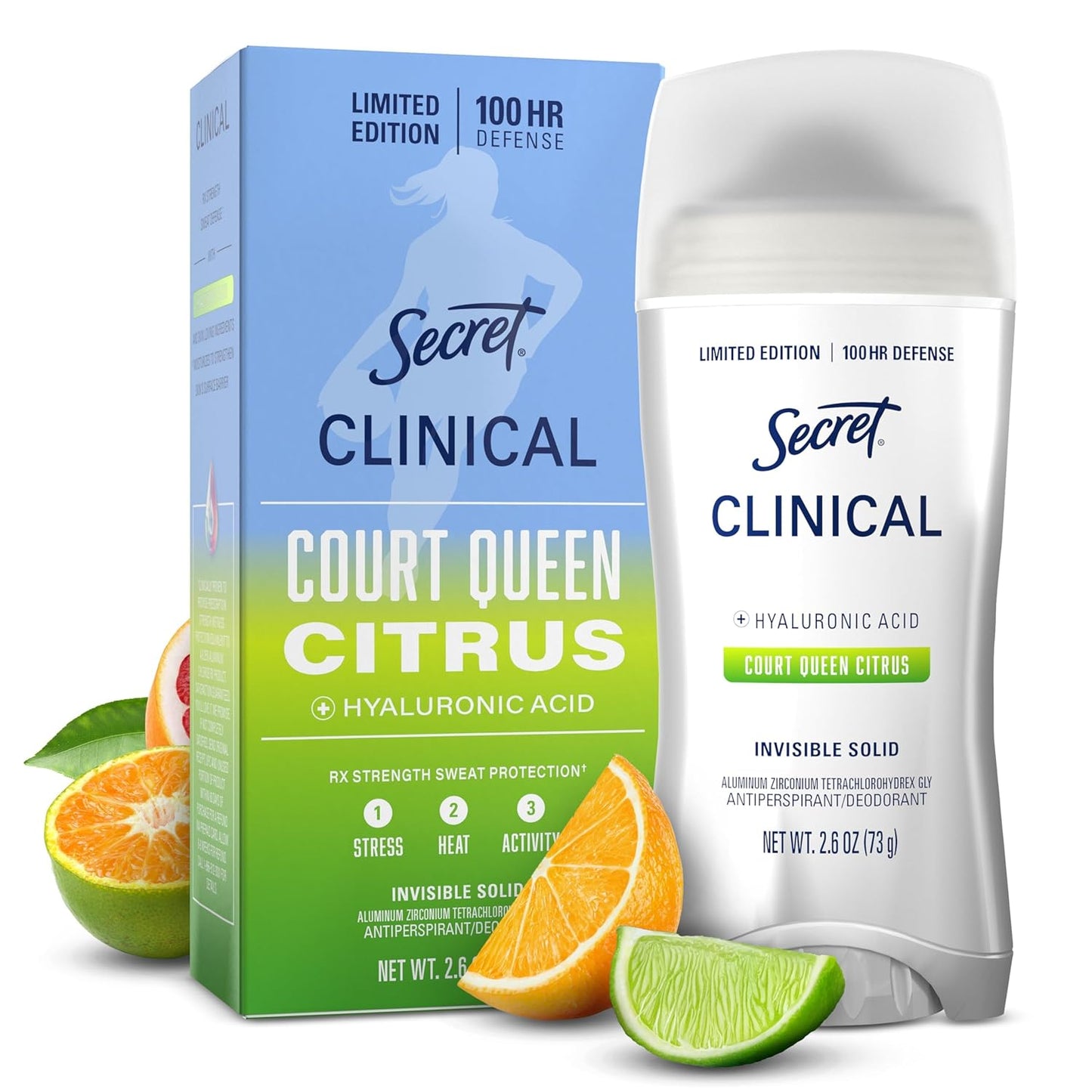 Clinical Strength Antiperspirant Deodorant for Women, 100Hr Sweat & Odor Protection, 3X Stress Protection with Hyaluronic Acid, PH Balanced, Invisible Solid, Completely Clean Scent, 2.6 Oz