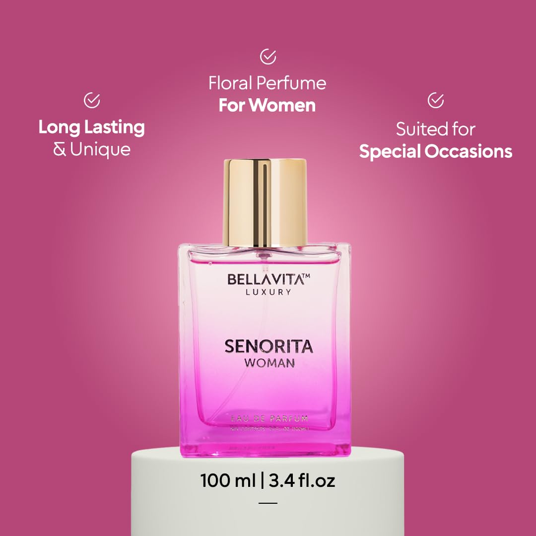 Bellavita Luxury Senorita Eau de Parfum | 100 ml (3.4 fl.oz.) | Perfume for Women | Fresh Floral, Yuzu, Peony, and Musk Notes | Long Lasting Women's Fragrance | Mother's day Fragrance