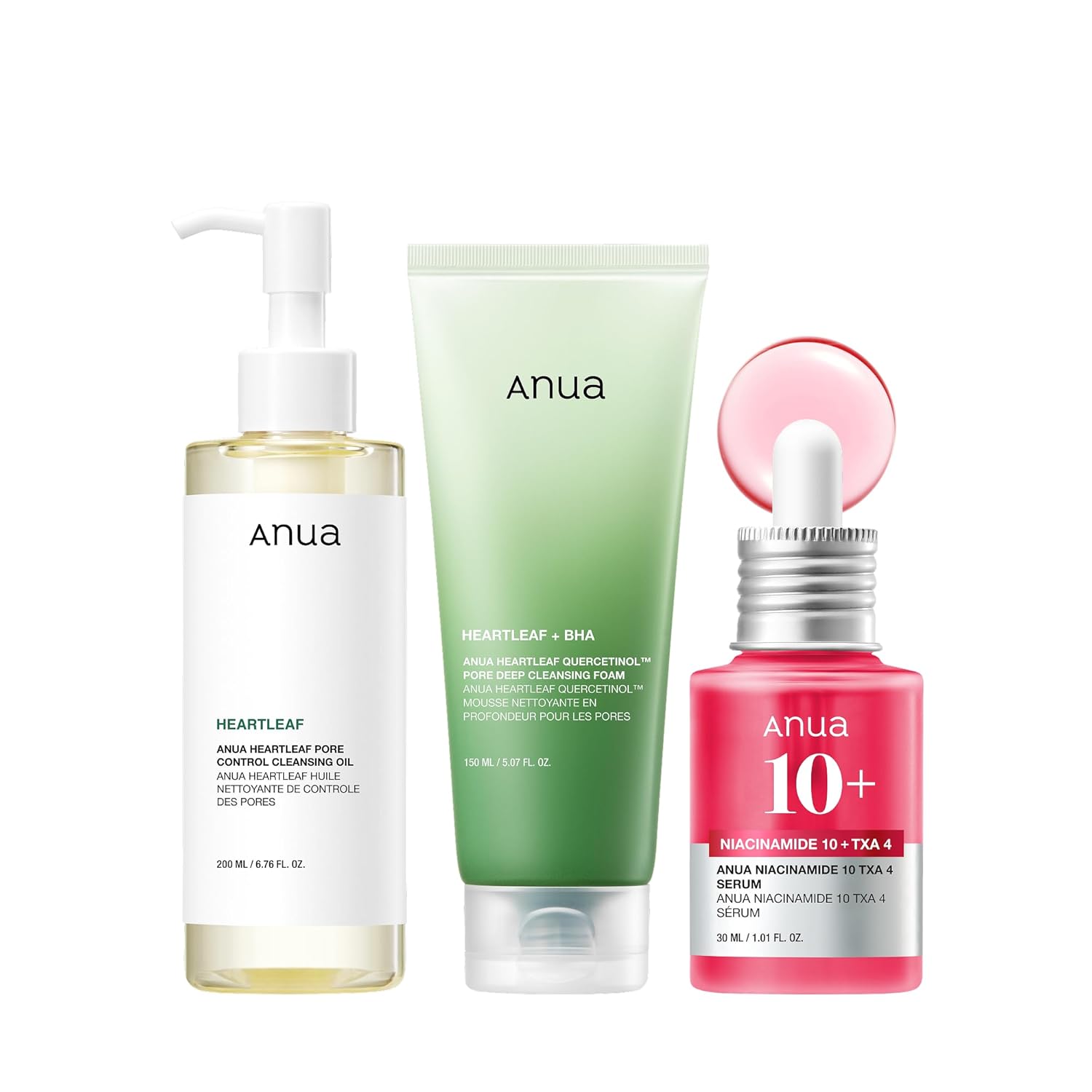 3-Step Glass Skin Beginner Set, Oil Cleanser and Face Wash with Facial Serum, Double Cleansing Daily Routine with Niacinamide, Korean Skin Care Set