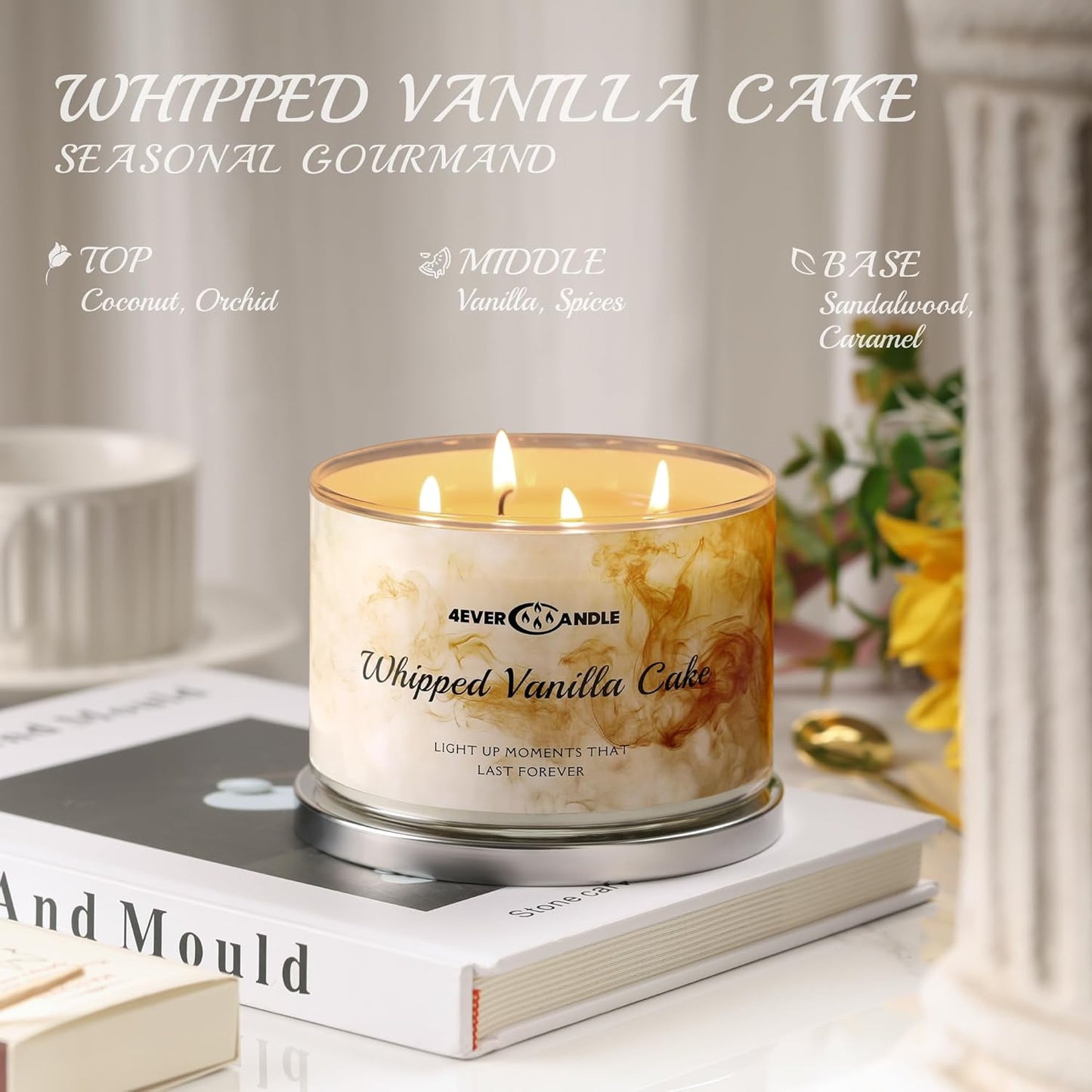 4EVER Scented Candles | 4-Wick 18Oz Soy Wax Candle | up to 50Hrs Clean Burn | Aromatherapy Candles for Home Scented | Gifts for Women & Mom, Whipped Vanilla Cake