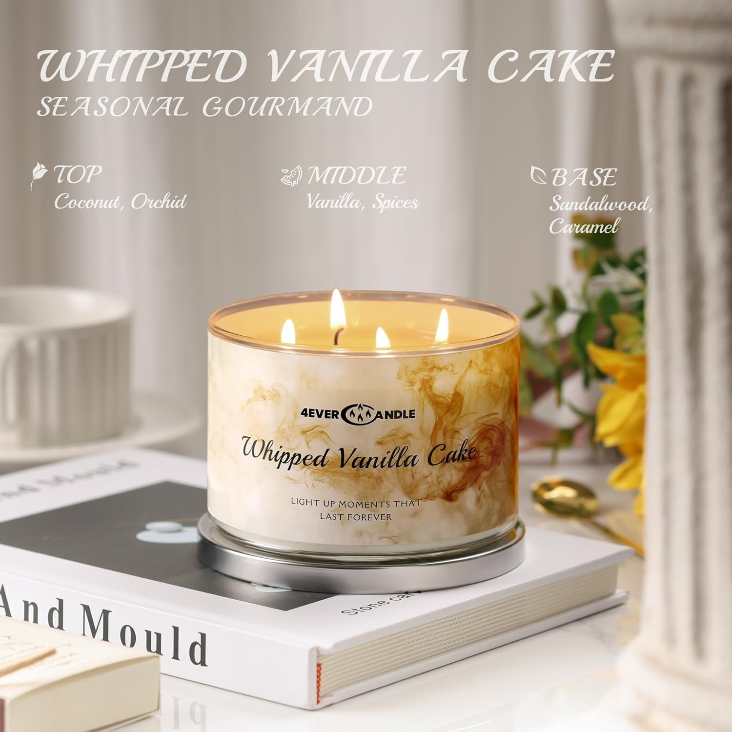 4EVER Scented Candles | 4-Wick 18Oz Soy Wax Candle | up to 50Hrs Clean Burn | Aromatherapy Candles for Home Scented | Gifts for Women & Mom, Whipped Vanilla Cake