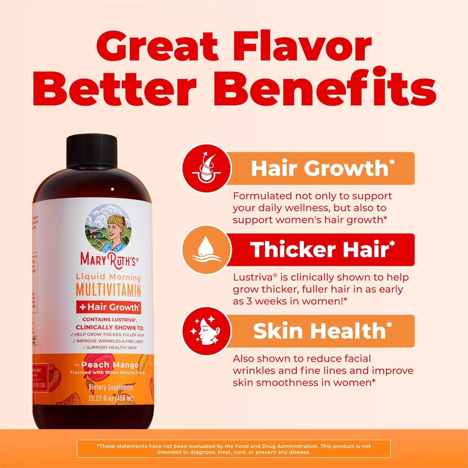 MARYRUTH'S Liquid Multivitamin+Hair Growth | Biotin 10000Mcg | Lustriva Hair Growth Supplement | Clinically Tested in Women for Thicker Hair&Facial Wrinkle | Skin Care | Ages 18+ | 15.22 Fl Oz