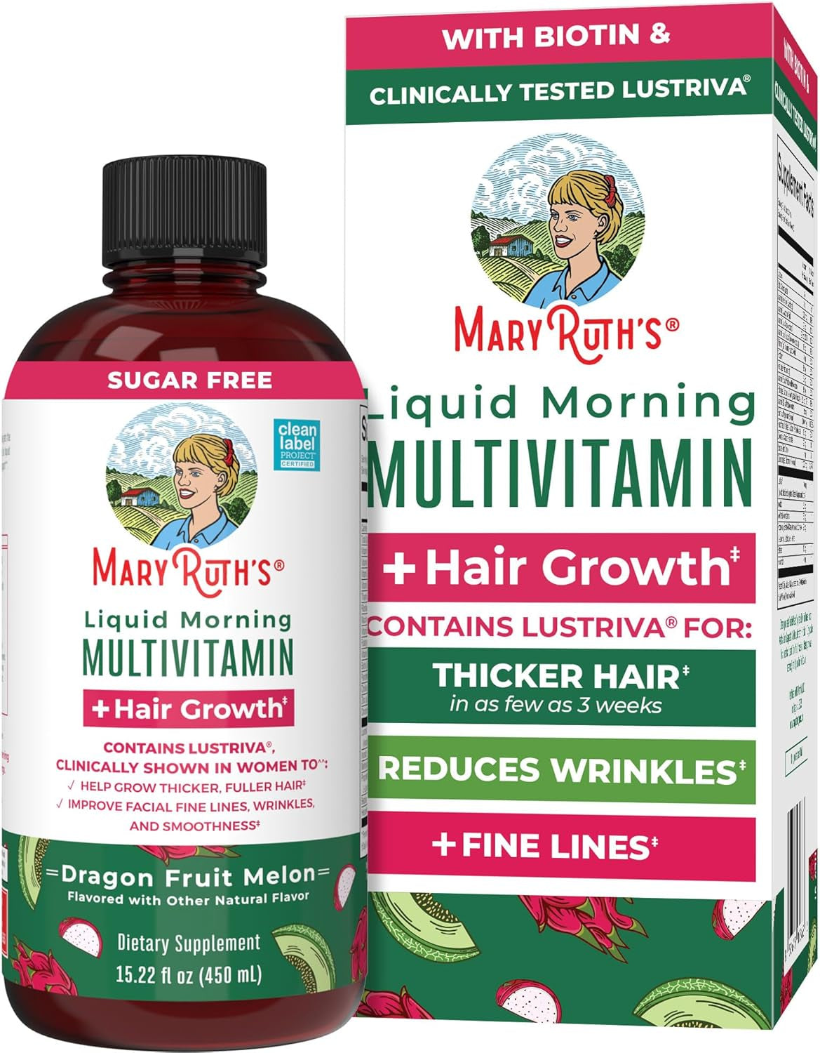 MARYRUTH'S Liquid Multivitamin+Hair Growth | Biotin 10000Mcg | Lustriva Hair Growth Supplement | Clinically Tested in Women for Thicker Hair&Facial Wrinkle | Skin Care | Ages 18+ | 15.22 Fl Oz