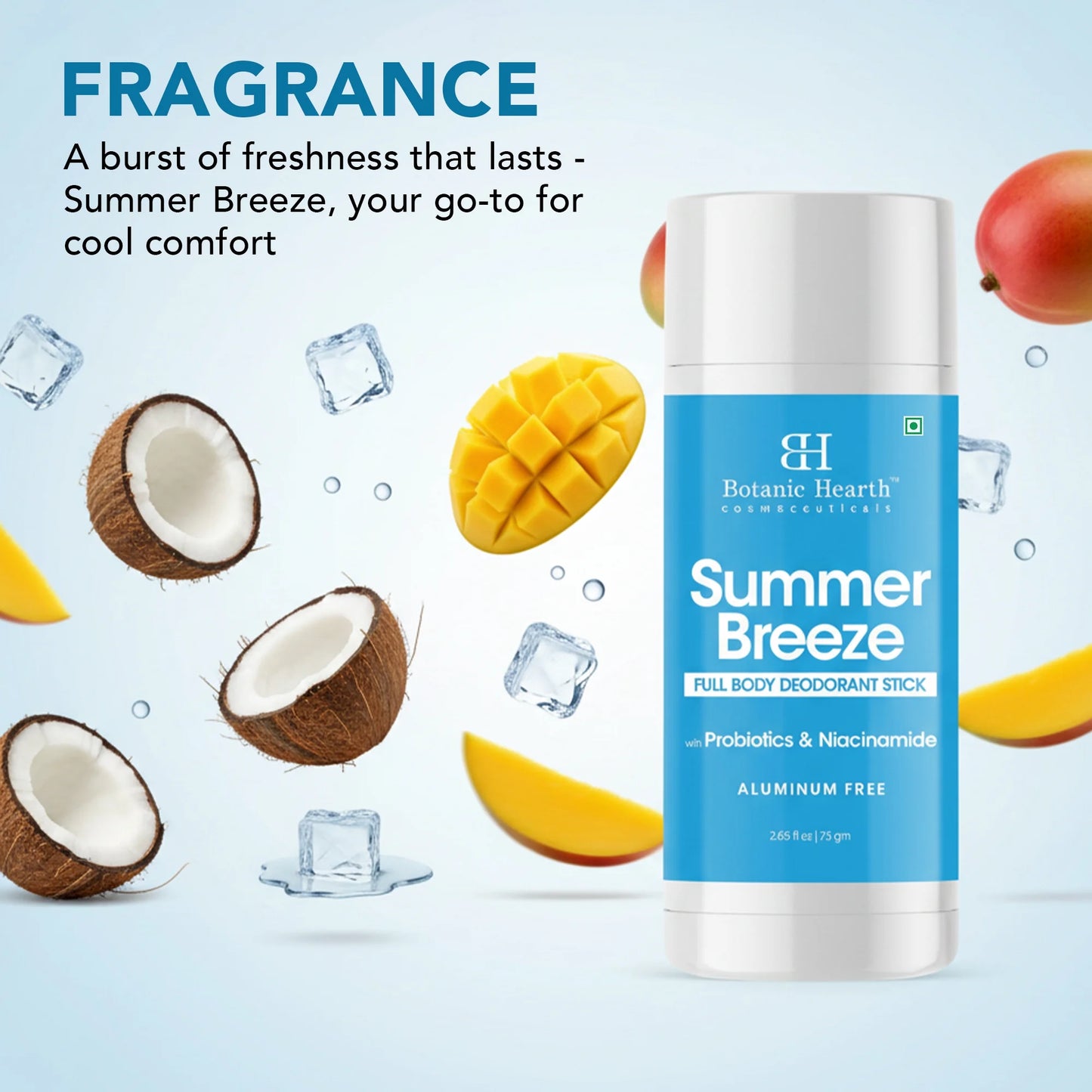 Summer Breeze Full Body Deodorant Stick with Probiotics & Niacinamide, Aluminum Free, 2.65 Fl Oz (75 G), Natural Deodorant for Men & Women