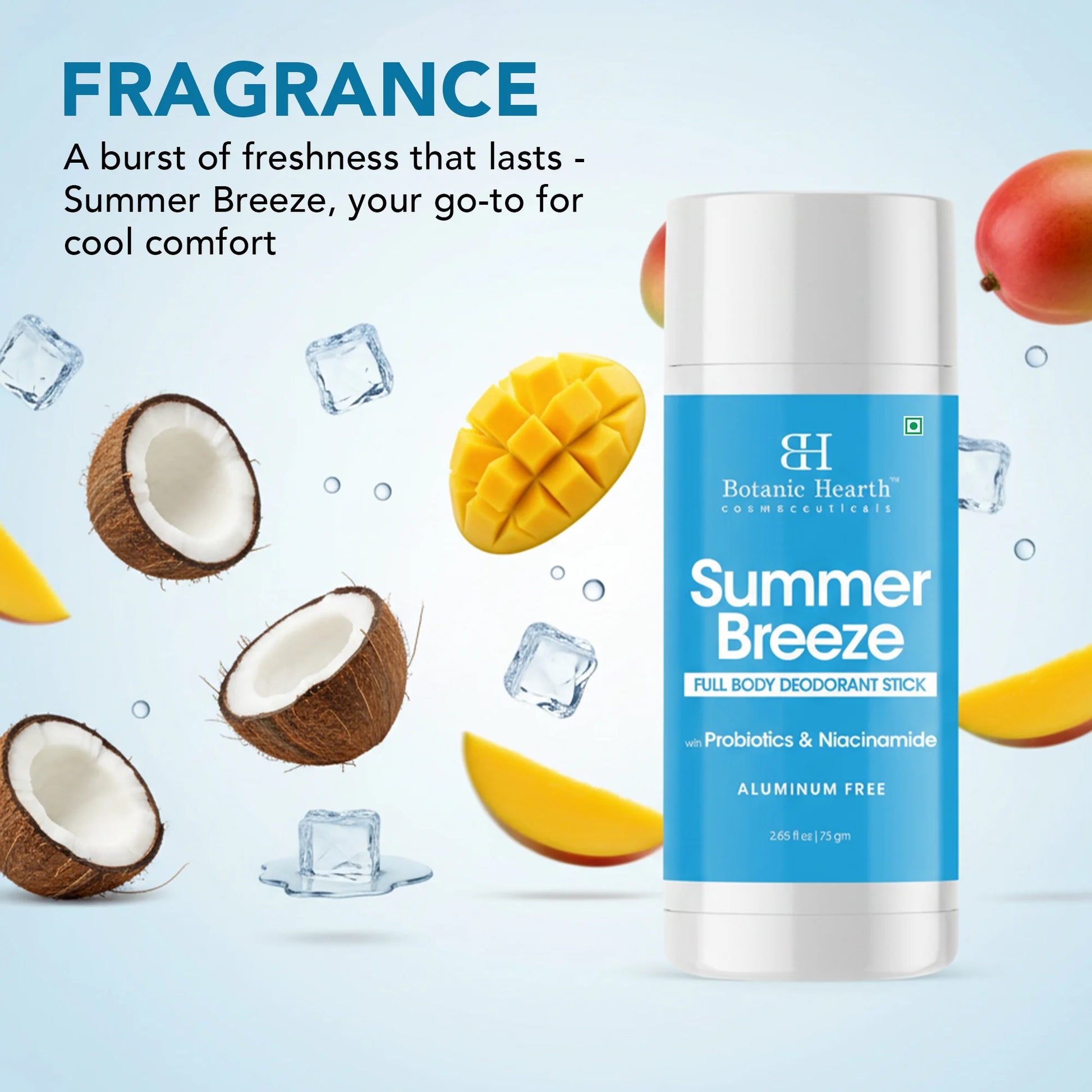 Summer Breeze Full Body Deodorant Stick with Probiotics & Niacinamide, Aluminum Free, 2.65 Fl Oz (75 G), Natural Deodorant for Men & Women