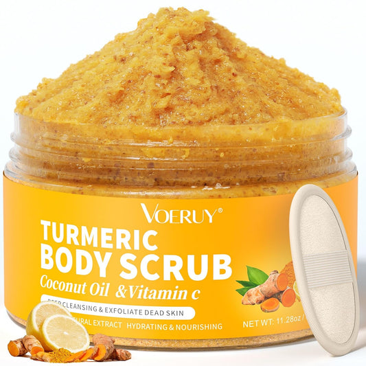 Body Scrub, Turmeric Exfoliating Body Scrub, with Coconut Oil & Vitamin C, Bikini Area Exfoliator Gently Exfoliate Body Hand and Foot Scrub, Moisturized Skin for Women and Men, 11.28Oz/320G