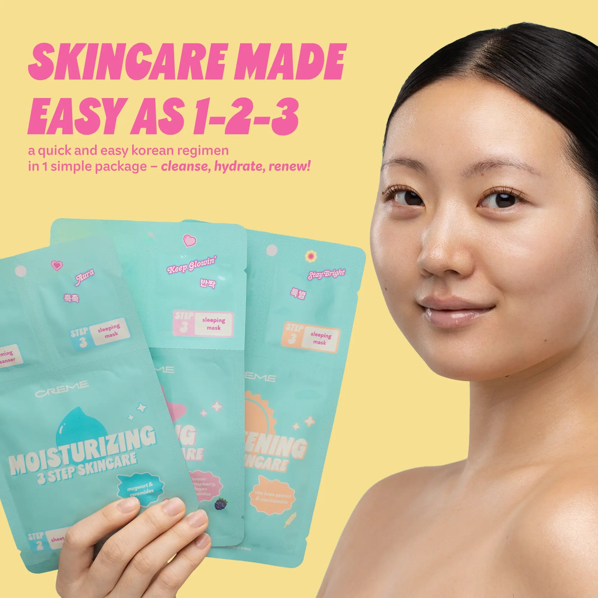 The Crème Shop Glow-To-Go Skincare Bundle - 3 Step To-Go Set & Gelly under Eye Patches for Travel-Friendly Cleansing Hydrating & Refreshing