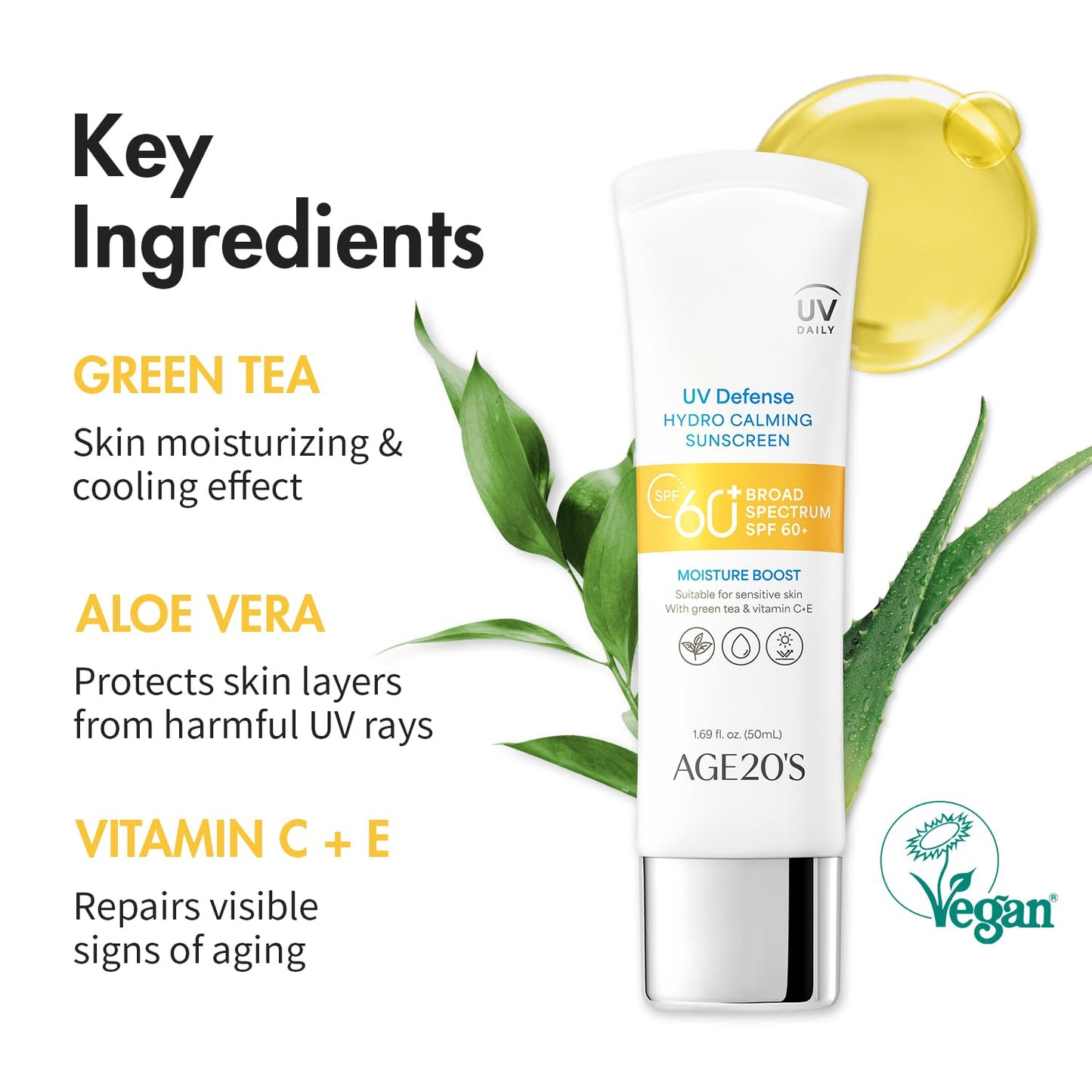 UV Defense Hydro Calming Sunscreen SPF 60+ | Korean Sunscreen | Moisturizing Creamy Formula, No White Cast, Lightweight Finish | Green Tea + Aloe Vera | Dermatest Excellent | 1.69 Fl.Oz*1
