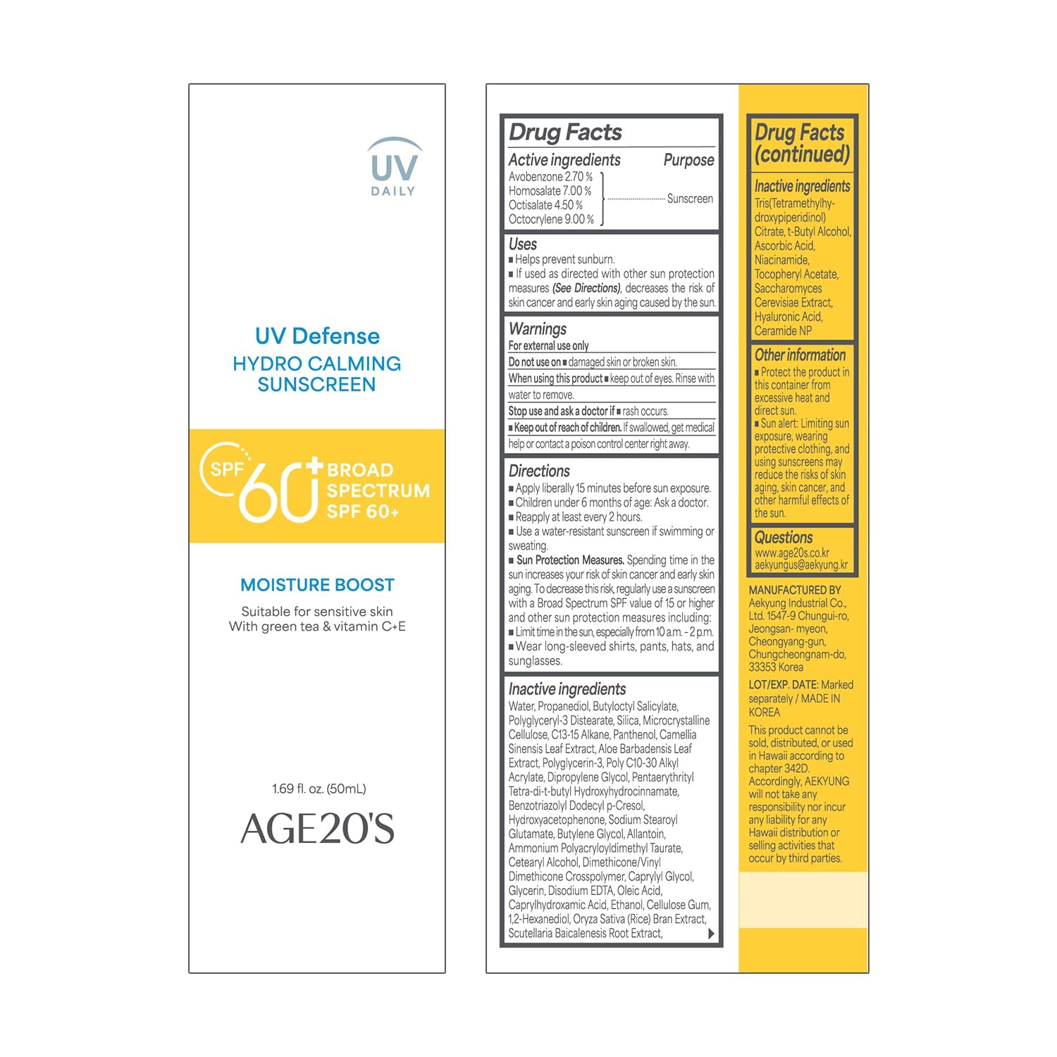 UV Defense Hydro Calming Sunscreen SPF 60+ | Korean Sunscreen | Moisturizing Creamy Formula, No White Cast, Lightweight Finish | Green Tea + Aloe Vera | Dermatest Excellent | 1.69 Fl.Oz*1