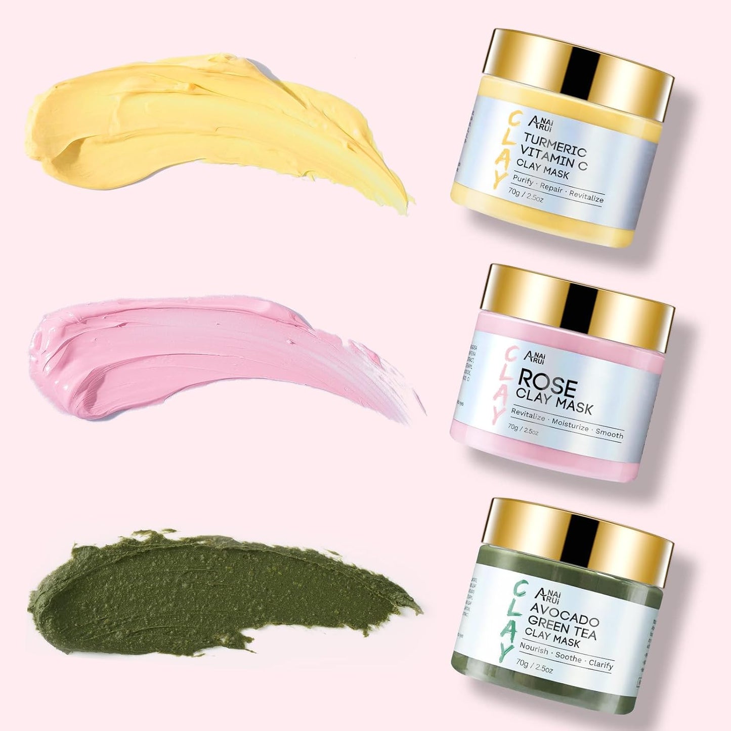 3 Pack Clay Mask Set Turmeric Vitamin C Clay Mask -Rose Facial Mask -Avocado Green Tea Mud Mask Smoothing, Hydration & Glow,Spa Gift Set, Self Care for Women Teens 2.5 Oz Each