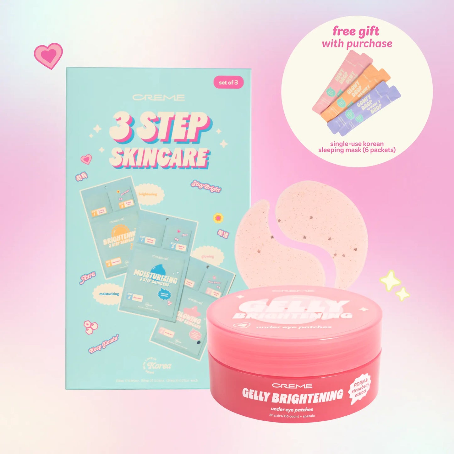 The Crème Shop Glow-To-Go Skincare Bundle - 3 Step To-Go Set & Gelly under Eye Patches for Travel-Friendly Cleansing Hydrating & Refreshing