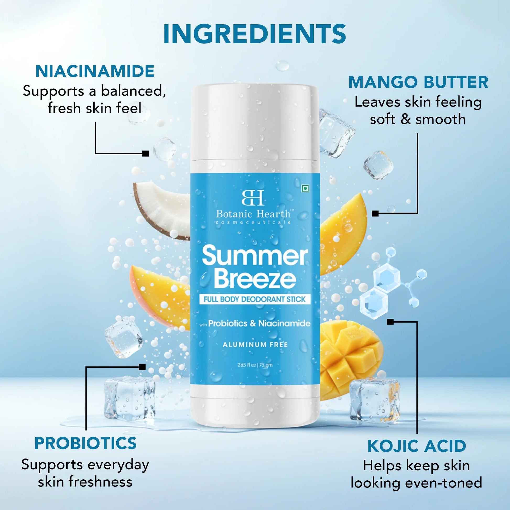 Summer Breeze Full Body Deodorant Stick with Probiotics & Niacinamide, Aluminum Free, 2.65 Fl Oz (75 G), Natural Deodorant for Men & Women