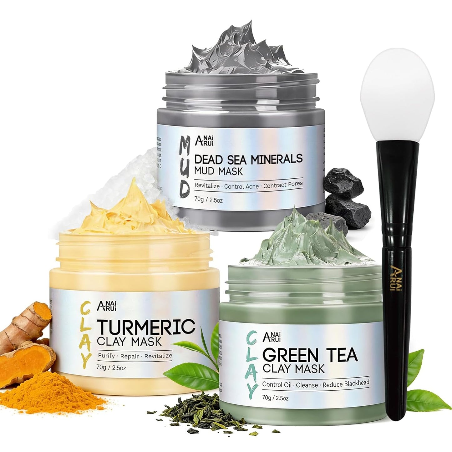3 Pack Clay Mask Set Turmeric Vitamin C Clay Mask -Rose Facial Mask -Avocado Green Tea Mud Mask Smoothing, Hydration & Glow,Spa Gift Set, Self Care for Women Teens 2.5 Oz Each