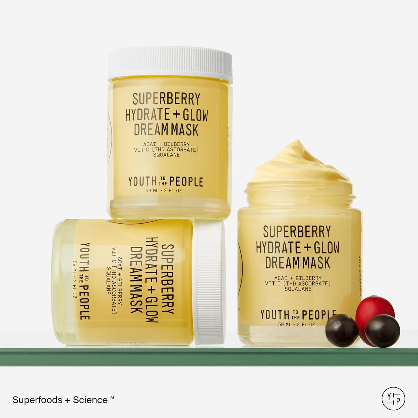 Superberry Hydrate + Glow Dream Mask - Hyaluronic Acid, Squalane, Vitamin C, Face Moisturizer + Overnight Facial, Non-Greasy, Plumps, Brightens, Evens Tone, for Dry + Dull Skin
