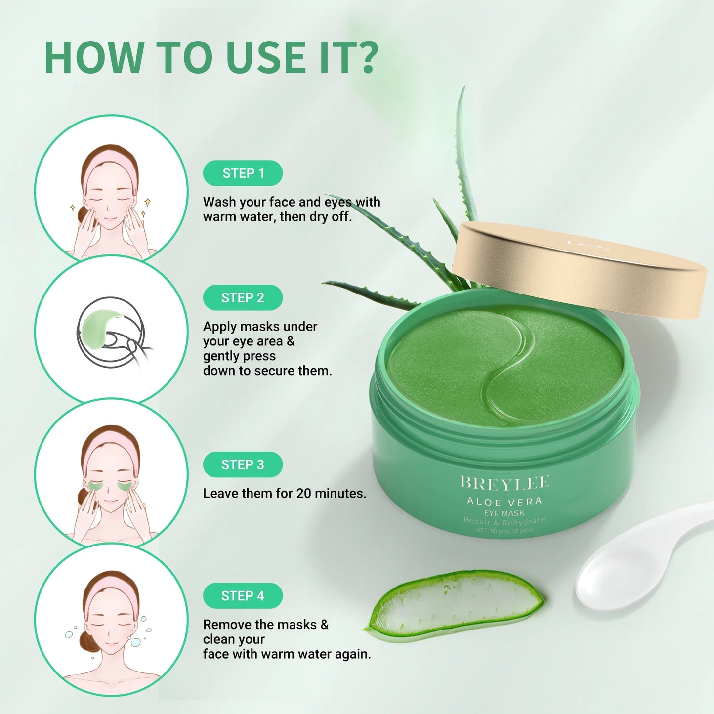 Natural Aloe Vera Eye Mask, 30 Pairs, Anti-Wrinkle Face Care for Dark Circles and Puffiness