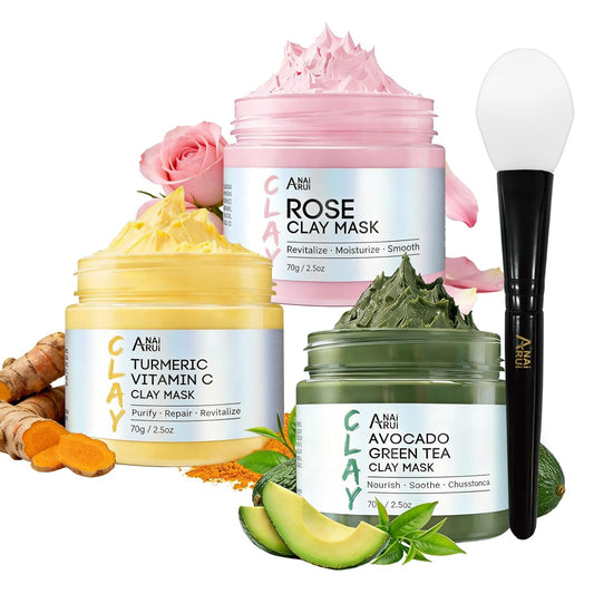 3 Pack Clay Mask Set Turmeric Vitamin C Clay Mask -Rose Facial Mask -Avocado Green Tea Mud Mask Smoothing, Hydration & Glow,Spa Gift Set, Self Care for Women Teens 2.5 Oz Each