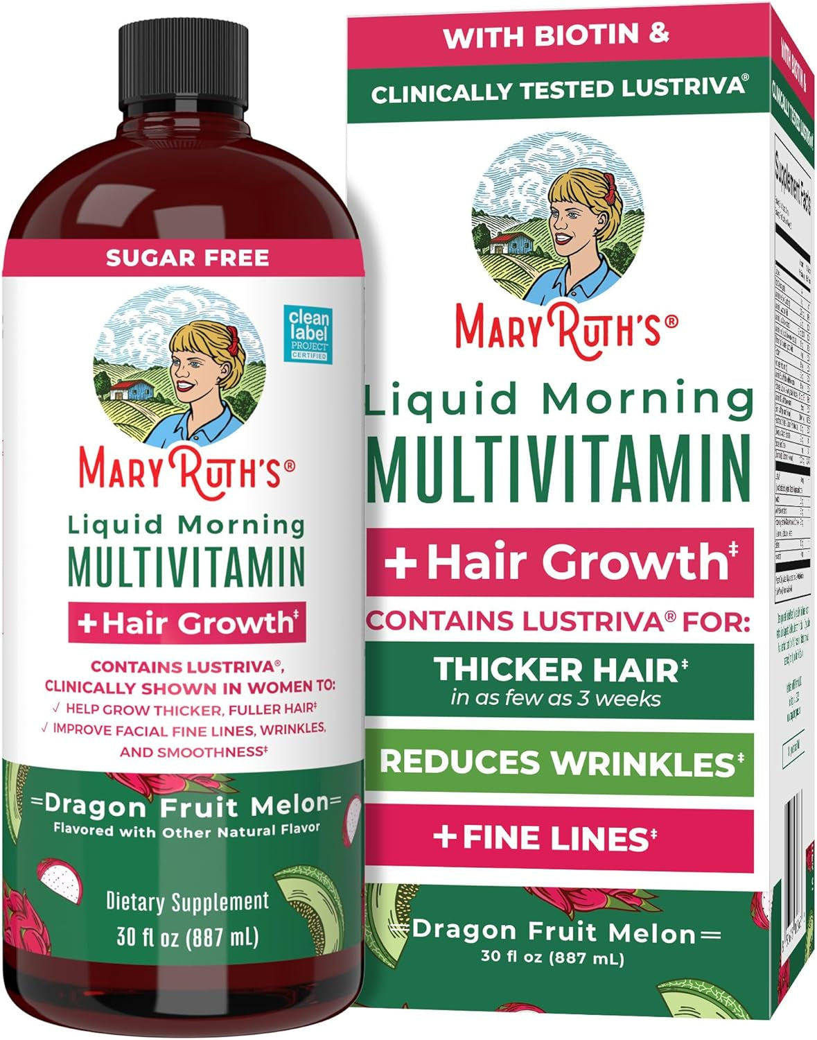 MARYRUTH'S Liquid Multivitamin+Hair Growth | Biotin 10000Mcg | Lustriva Hair Growth Supplement | Clinically Tested in Women for Thicker Hair&Facial Wrinkle | Skin Care | Ages 18+ | 15.22 Fl Oz